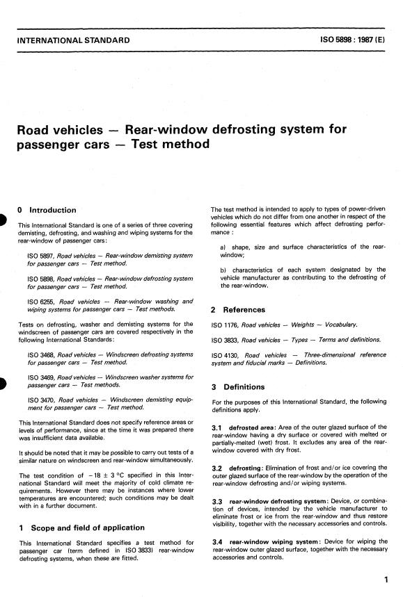 ISO 5898:1987 - Road vehicles -- Rear-window defrosting system for passenger cars -- Test method