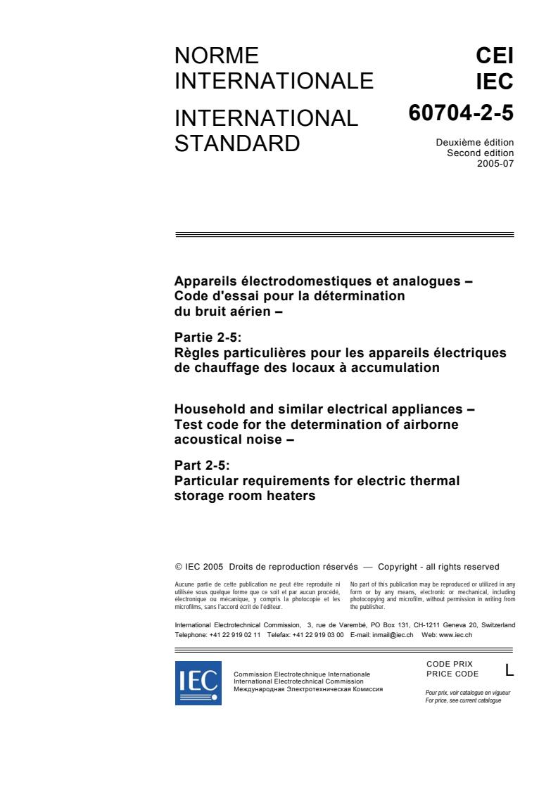 IEC 60704-2-5:2005 - Household and similar electrical appliances - Test code for the determination of airborne acoustical noise - Part 2-5: Particular requirements for electric thermal storage room heaters