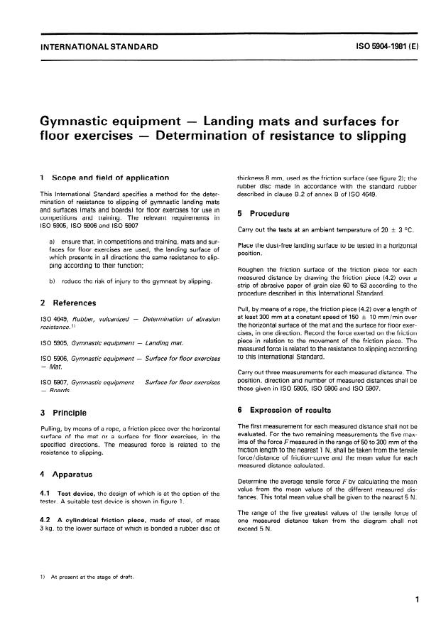 ISO 5904:1981 - Gymnastic equipment -- Landing mats and surfaces for floor exercises -- Determination of resistance to slipping