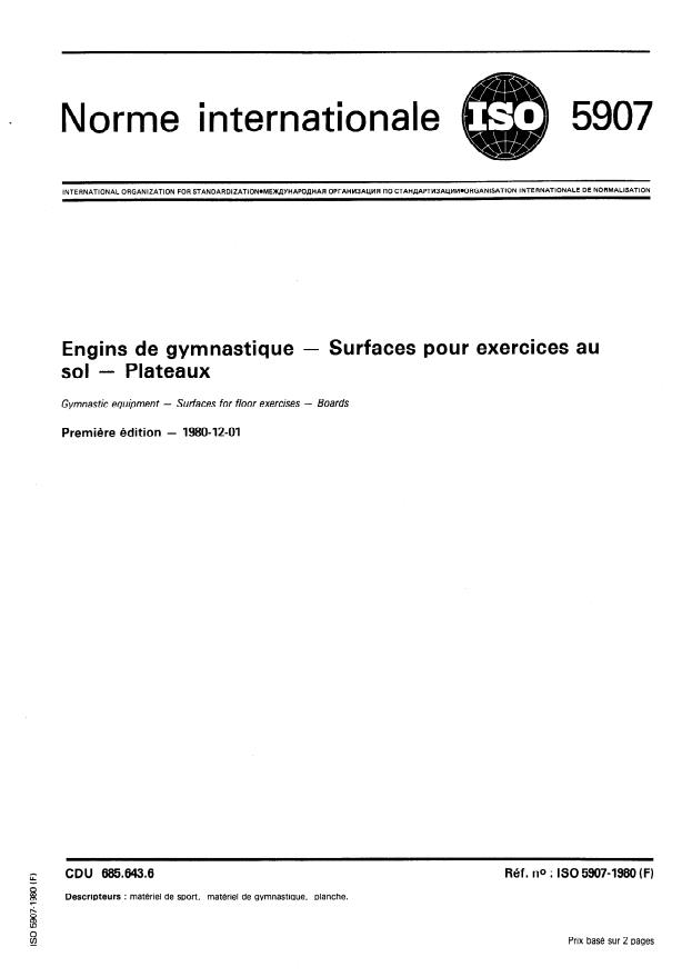 ISO 5907:1980 - Engins de gymnastique -- Surfaces pour exercices au sol -- Plateaux