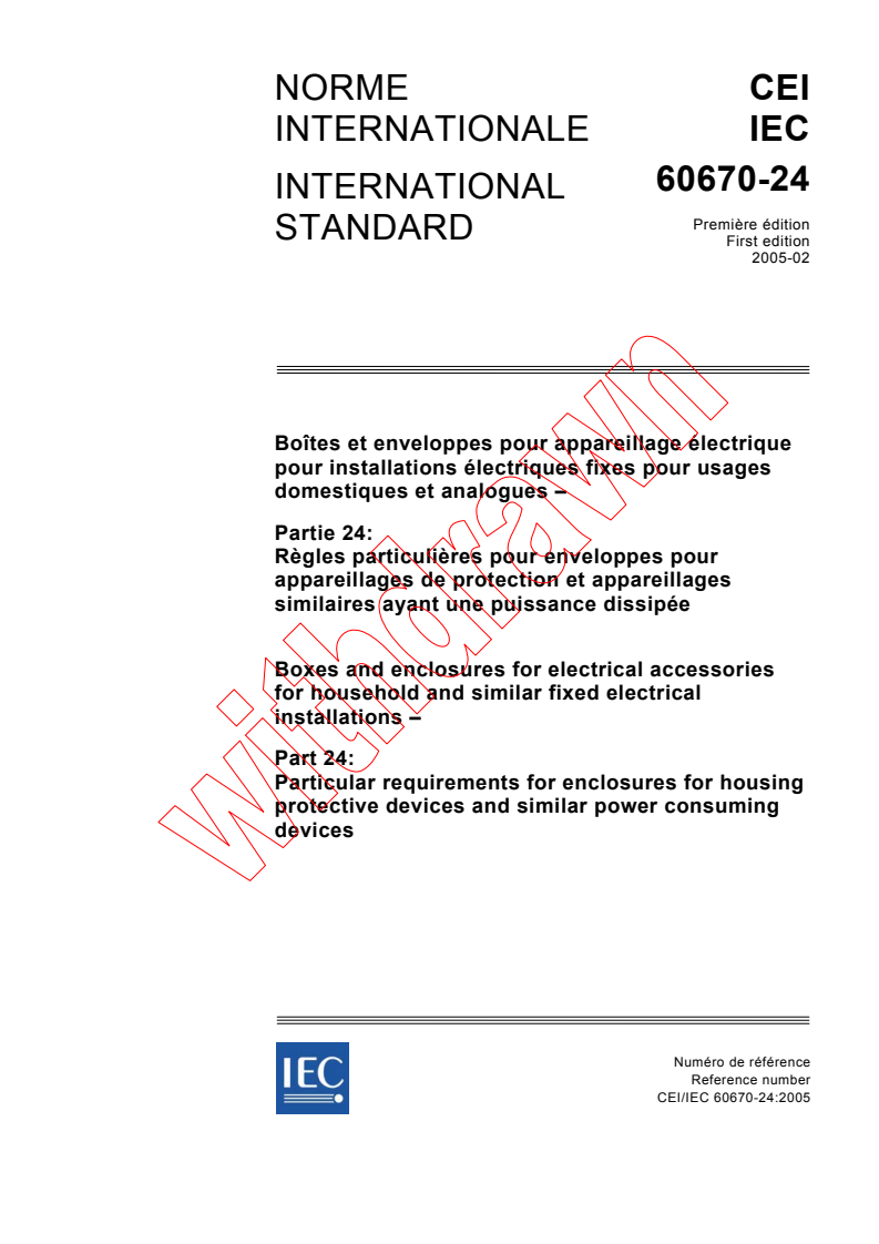 IEC 60670-24:2005 - Boxes and enclosures for electrical accessories for household and similar fixed electrical installations - Part 24: Particular requirements for enclosures for housing protective devices and similar power consuming devices
Released:2/23/2005
Isbn:2831878675