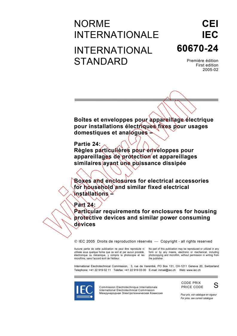 IEC 60670-24:2005 - Boxes and enclosures for electrical accessories for household and similar fixed electrical installations - Part 24: Particular requirements for enclosures for housing protective devices and similar power consuming devices
Released:2/23/2005
Isbn:2831878675