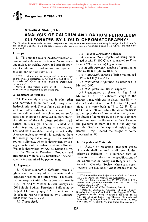 ASTM D2894-73 - Method for Analysis of Calcium and Barium Petroleum Sulfonates by Liquid Chromatography (Withdrawn 1978)