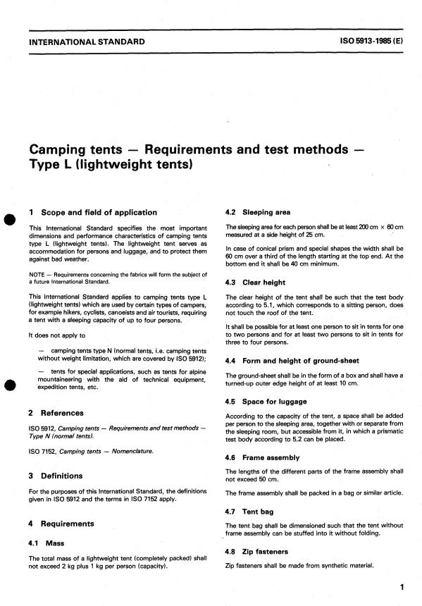 ISO 5913:1985 - Camping tents -- Requirements and test methods -- Type L (lightweight tents)