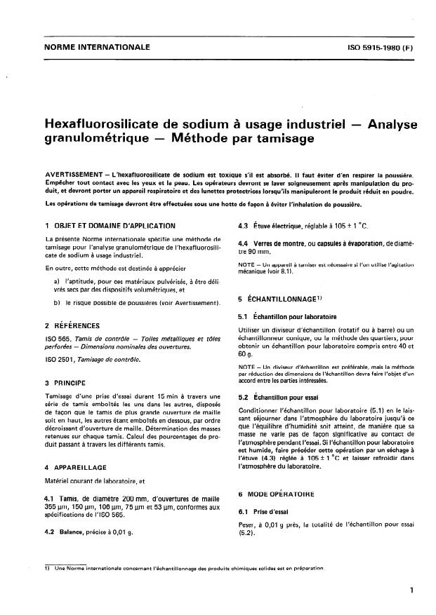 ISO 5915:1980 - Hexafluorosilicate de sodium a usage industriel -- Analyse granulométrique -- Méthode par tamisage