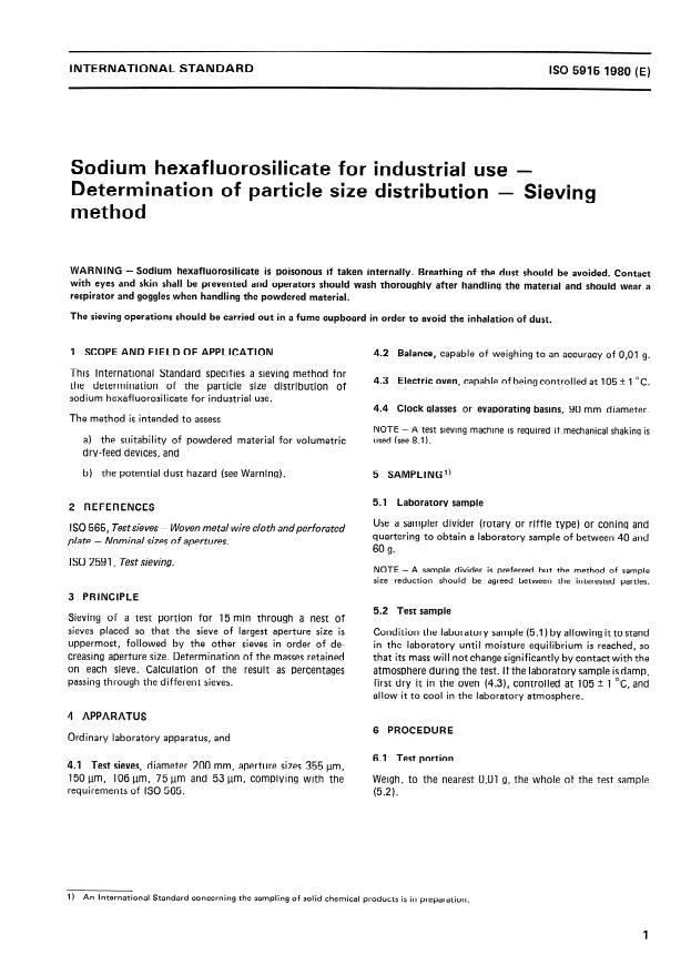 ISO 5915:1980 - Sodium hexafluorosilicate for industrial use -- Determination of particle size distribution -- Sieving method