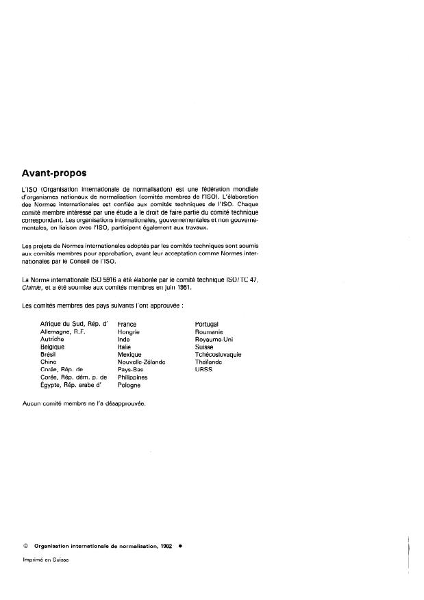ISO 5916:1982 ISO 5916:1982 - Chlorure de méthyle a usage industriel -- Détermination des impuretés -- Méthodes par chromatographie en phase gazeuse - Page 2 preview