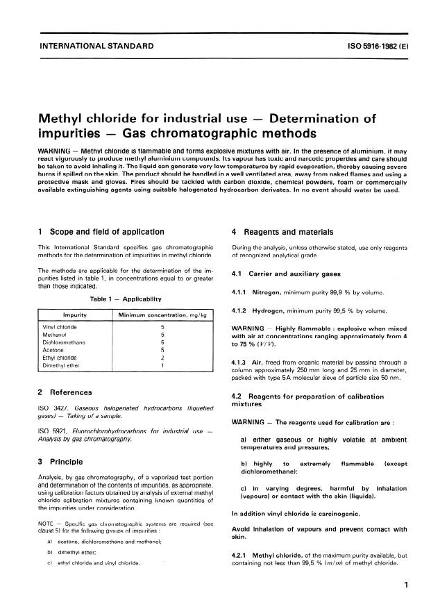 ISO 5916:1982 - Methyl chloride for industrial use -- Determination of impurities -- Gas chromatographic methods