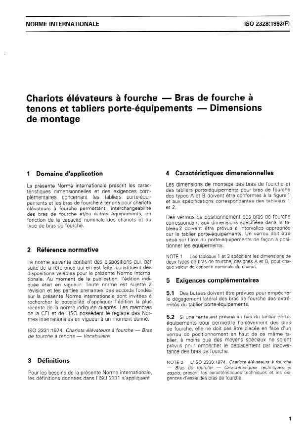 ISO 2328:1993 - Chariots élévateurs a fourche -- Bras de fourche a tenons et tabliers porte-équipements -- Dimensions de montage