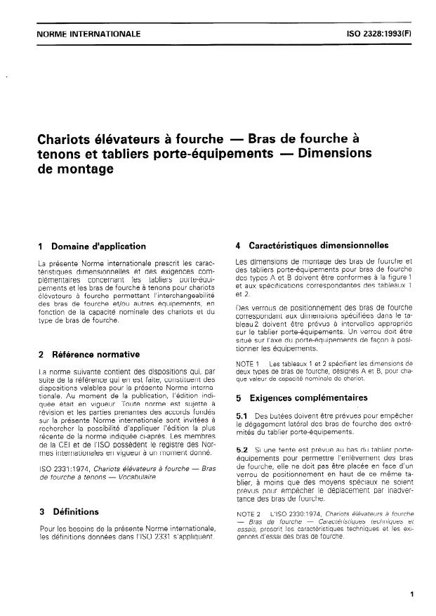 ISO 2328:1993 - Chariots élévateurs a fourche -- Bras de fourche a tenons et tabliers porte-équipements -- Dimensions de montage