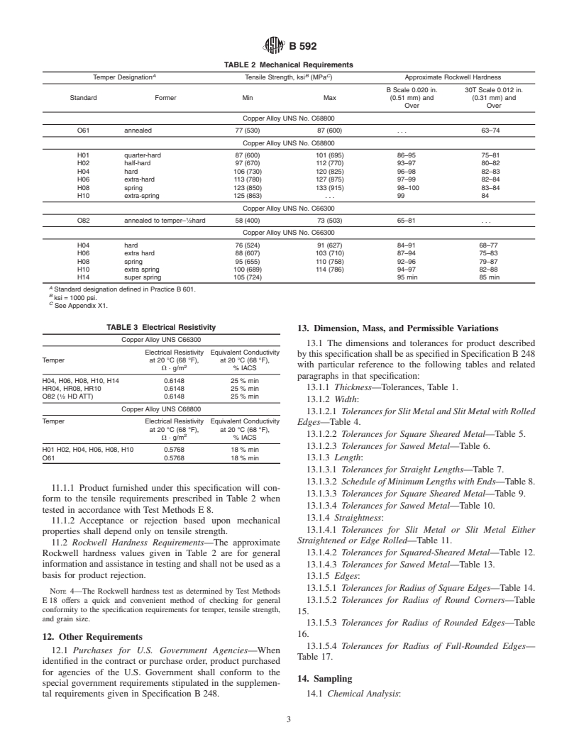 ASTM B592-01 - Standard Specification for Copper-Zinc-aluminum-Cobalt Alloy, Copper-Zinc-Tin-Iron Alloy Plate, Sheet, Strip, and Rolled Bar