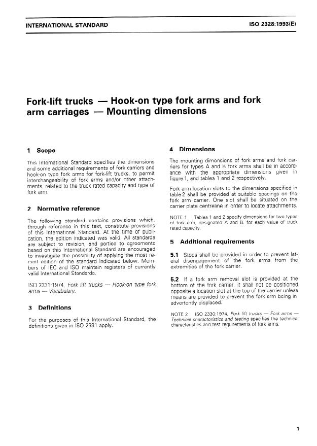 ISO 2328:1993 - Fork-lift trucks -- Hook-on type fork arms and fork arm carriages -- Mounting dimensions