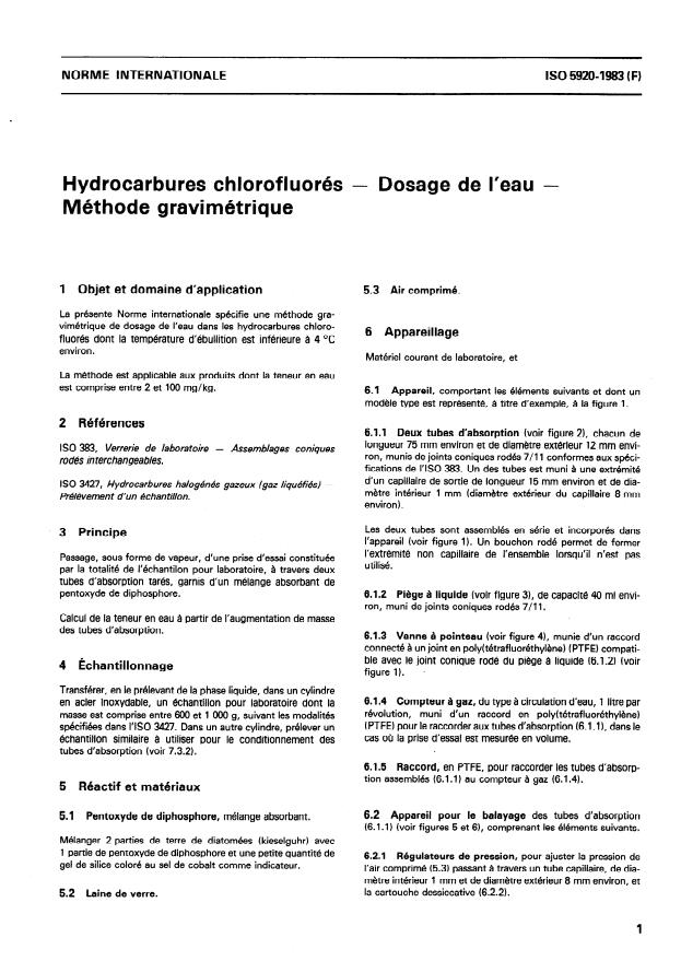 ISO 5920:1983 - Hydrocarbures chlorofluorés -- Dosage de l'eau -- Méthode gravimétrique