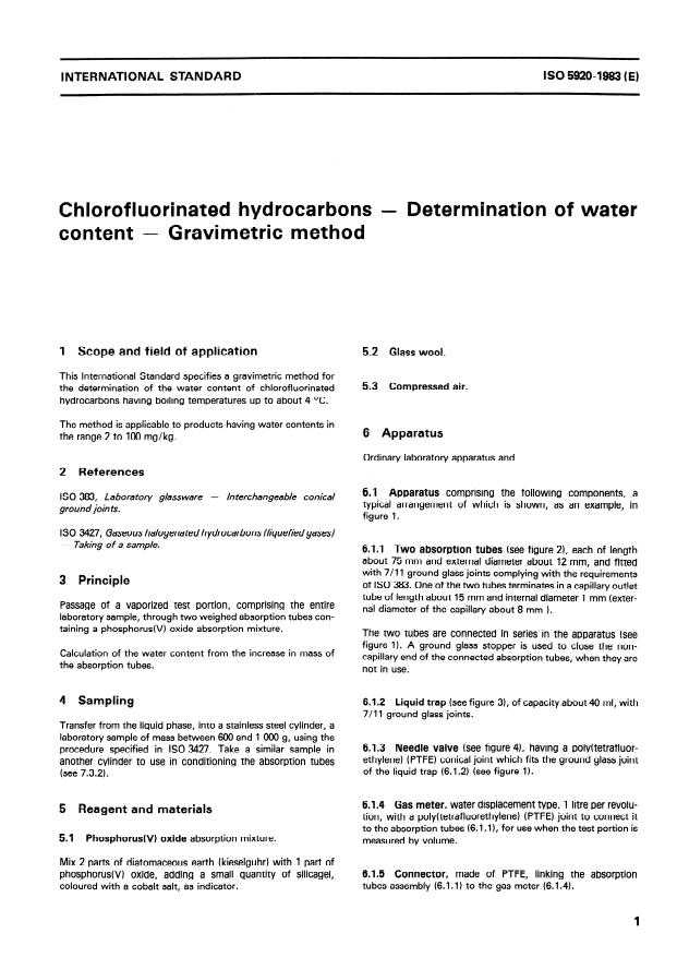 ISO 5920:1983 - Chlorofluorinated hydrocarbons -- Determination of water content -- Gravimetric method