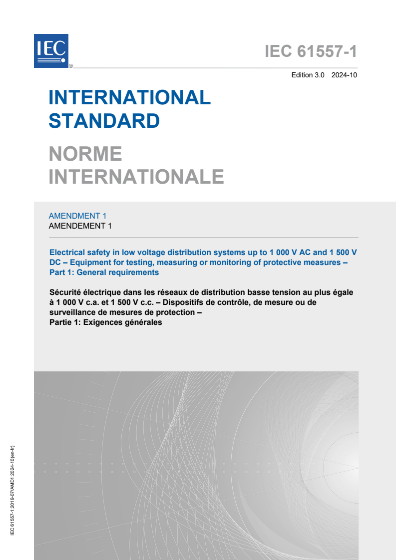 IEC 61557-1:2019/AMD1:2024 - Amendment 1 - Electrical safety in low voltage distribution systems up to 1 000 V AC and 1 500 V DC - Equipment for testing, measuring or monitoring of protective measures - Part 1: General requirements
Released:15. 10. 2024
Isbn:9782832298152