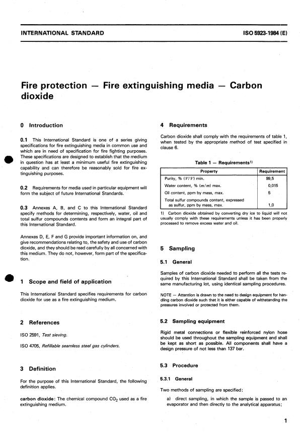 ISO 5923:1984 - Fire protection -- Fire extinguishing media -- Carbon dioxide