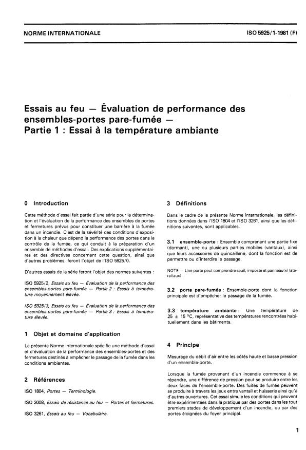 ISO 5925-1:1981 - Essais au feu -- Évaluation de performance des ensembles-portes pare-fumée