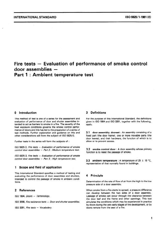 ISO 5925-1:1981 - Essais au feu -- Évaluation de performance des ensembles-portes pare-fumée