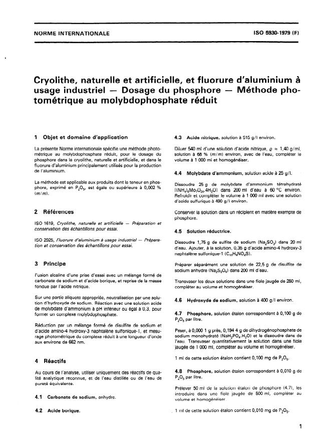 ISO 5930:1979 - Cryolithe, naturelle et artificielle, et fluorure d'aluminium a usage industriel -- Dosage du phosphore -- Méthode photométrique au molybdophosphate réduit