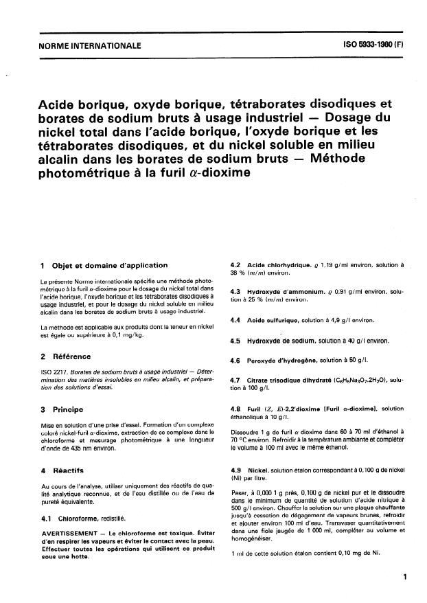 ISO 5933:1980 - Acide borique, oxyde borique, tétraborates disodiques et borates de sodium bruts a usage industriel -- Dosage du nickel total dans l'acide borique, l'oxyde borique et les tétraborates disodiques, et du nickel soluble en milieu alcalin dans les borates de sodium bruts -- Méthode photométrique a la furil alpha-dioxime