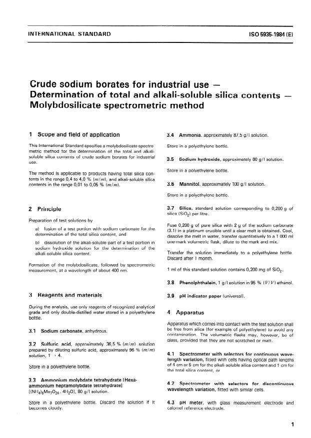 ISO 5935:1984 - Crude sodium borates for industrial use -- Determination of total and alkali-soluble silica contents -- Molybdosilicate spectrometric method