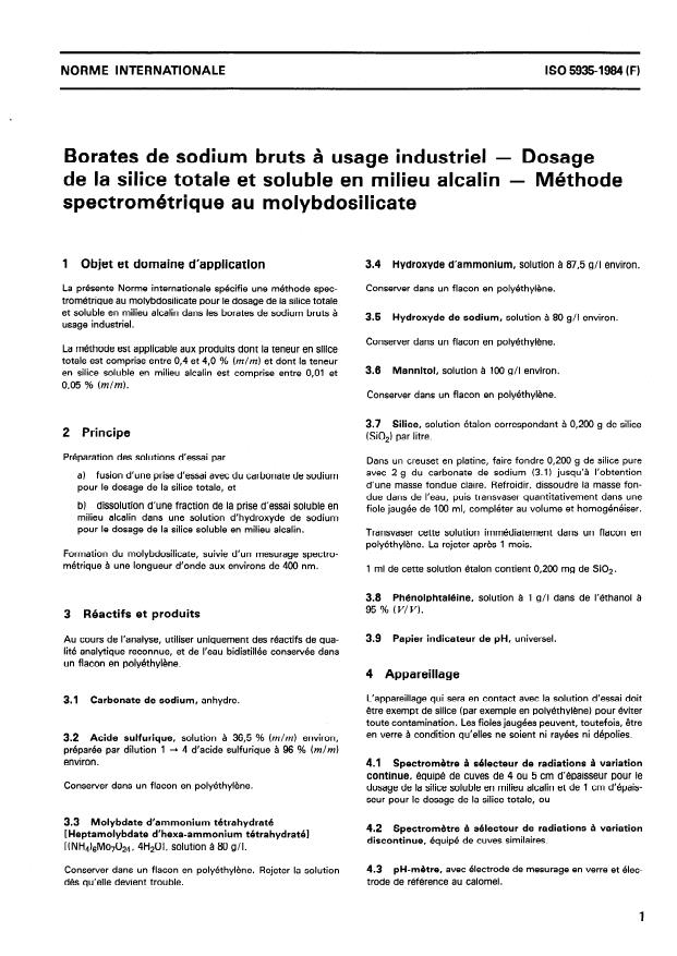 ISO 5935:1984 - Borates de sodium bruts a usage industriel -- Dosage de la silice totale et soluble en milieu alcalin -- Méthode spectrométrique au molybdosilicate