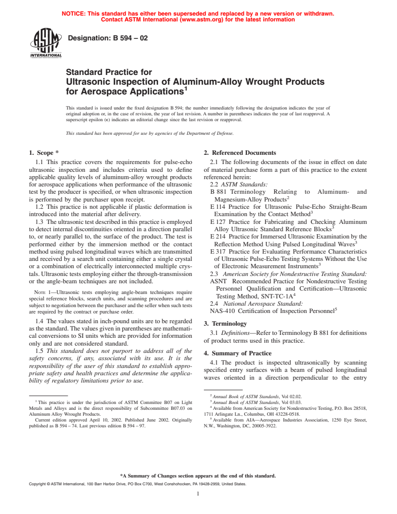 ASTM B594-02 - Standard Practice for Ultrasonic Inspection of Aluminum-Alloy Wrought Products for Aerospace Applications