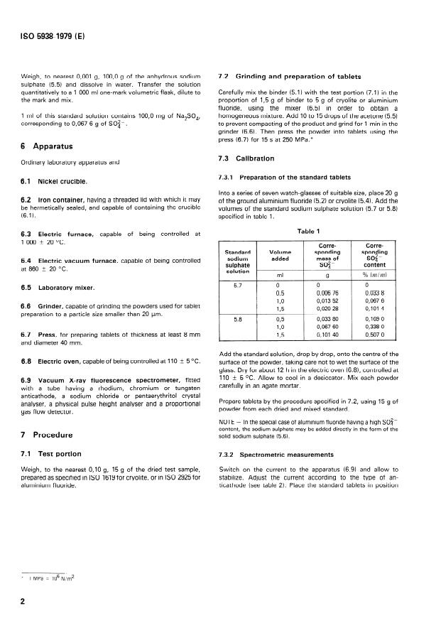 ISO 5938:1979 ISO 5938:1979 - Cryolite, natural and artificial, and aluminium fluoride for industrial use -- Determination of sulphur content -- X-ray fluorescence spectrometric method - Page 4 preview
