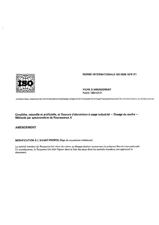 ISO 5938:1979 - Cryolithe, naturelle et artificielle, et fluorure d'aluminium a usage industriel -- Dosage du soufre -- Méthode par spectrométrie de fluorescence X