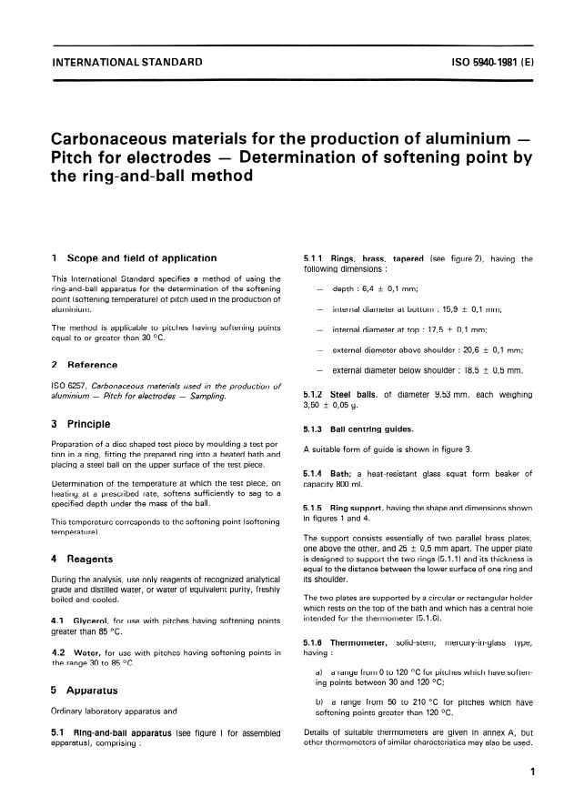 ISO 5940:1981 - Carbonaceous materials for the production of aluminium -- Pitch for electrodes -- Determination of softening point by the ring-and-ball method