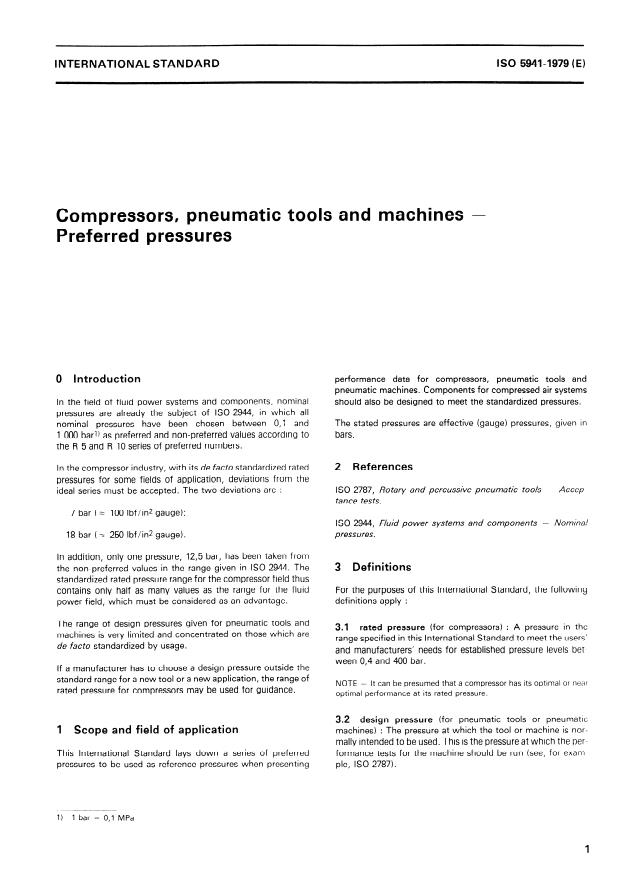 ISO 5941:1979 - Compressors, pneumatic tools and machines -- Preferred pressures