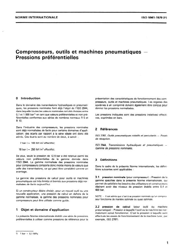 ISO 5941:1979 - Compresseurs, outils et machines pneumatiques -- Pressions préférentielles