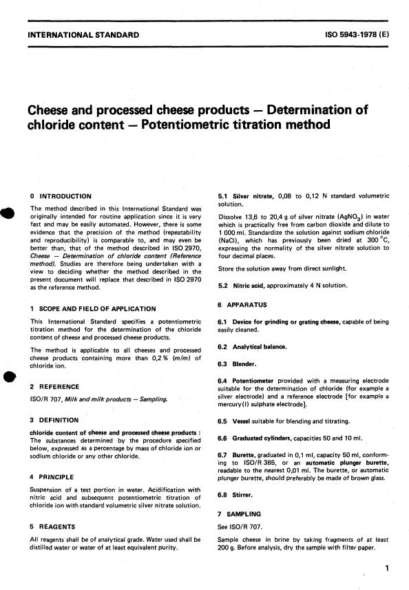 ISO 5943:1978 - Cheese and processed cheese products -- Determination of chloride content -- Potentiometric titration method