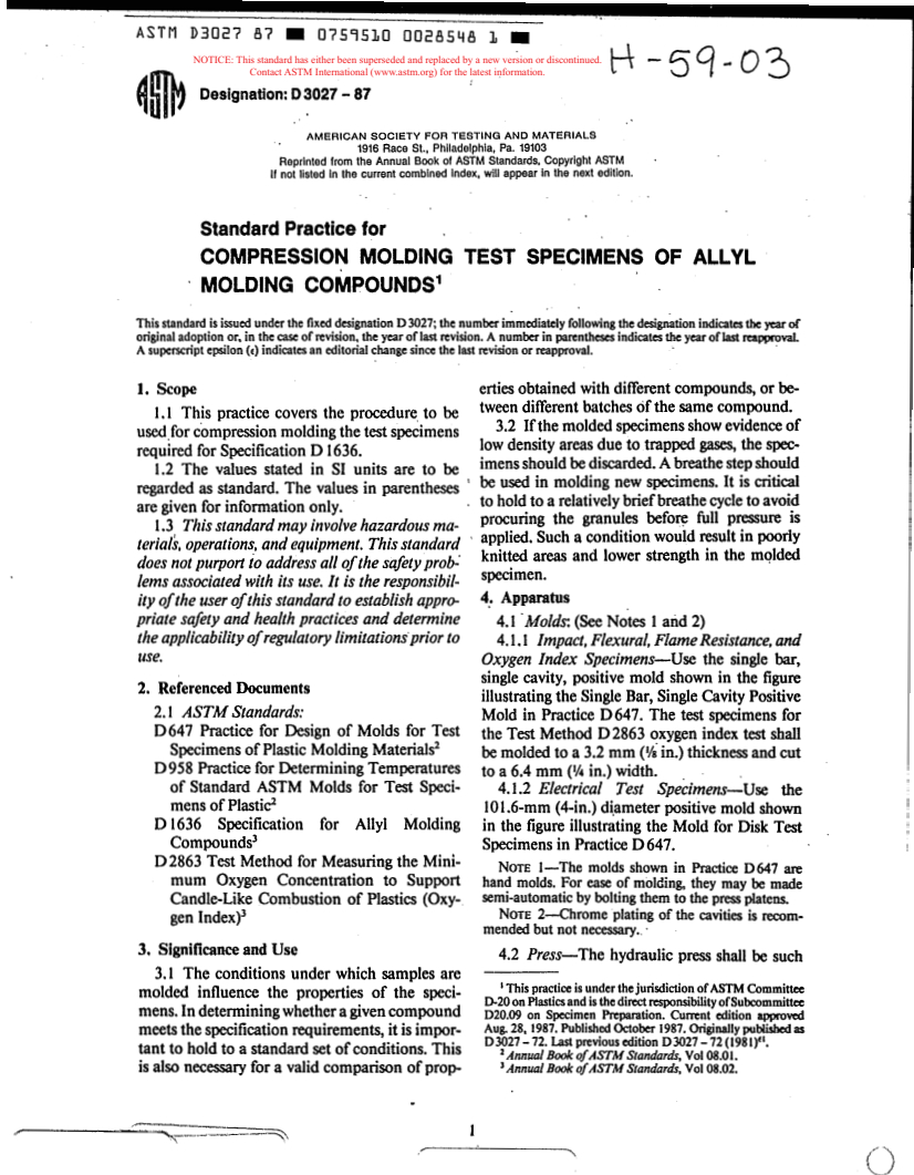 ASTM D3027-87 - Practice for Compression Molding Specimens of Allyl Molding Compounds (Withdrawn 1992)