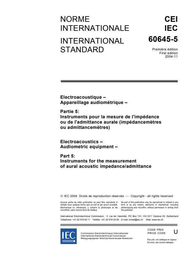 IEC 60645-5:2004 - Electroacoustics - Audiometric equipment - Part 5: Instruments for the measurement of aural acoustic impedance/admittance