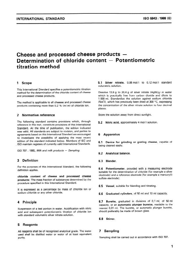 ISO 5943:1988 - Cheese and processed cheese products -- Determination of chloride content -- Potentiometric titration method