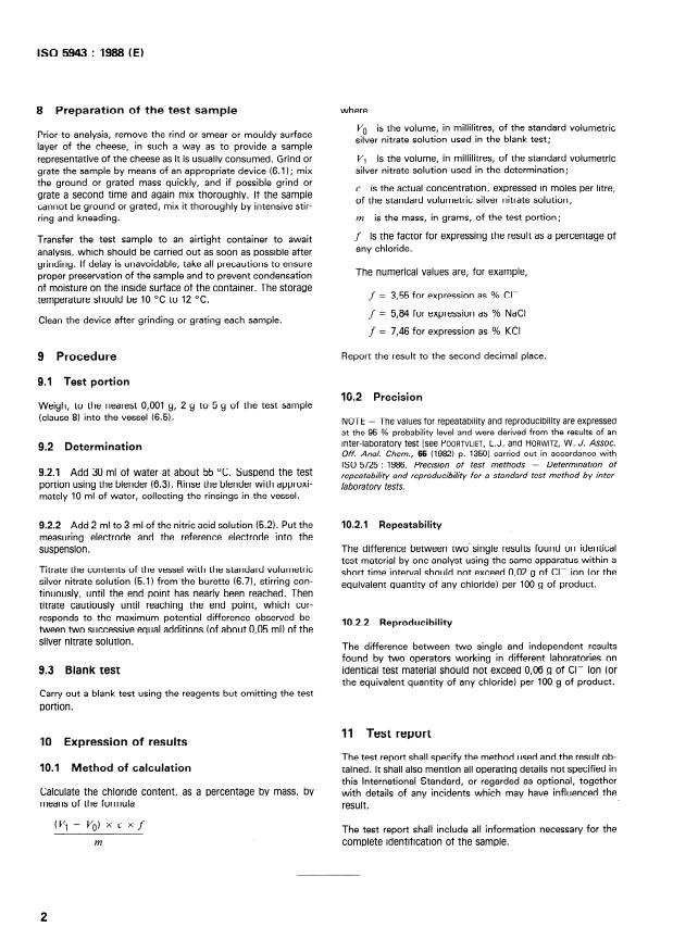 ISO 5943:1988 ISO 5943:1988 - Cheese and processed cheese products -- Determination of chloride content -- Potentiometric titration method - Page 4 preview