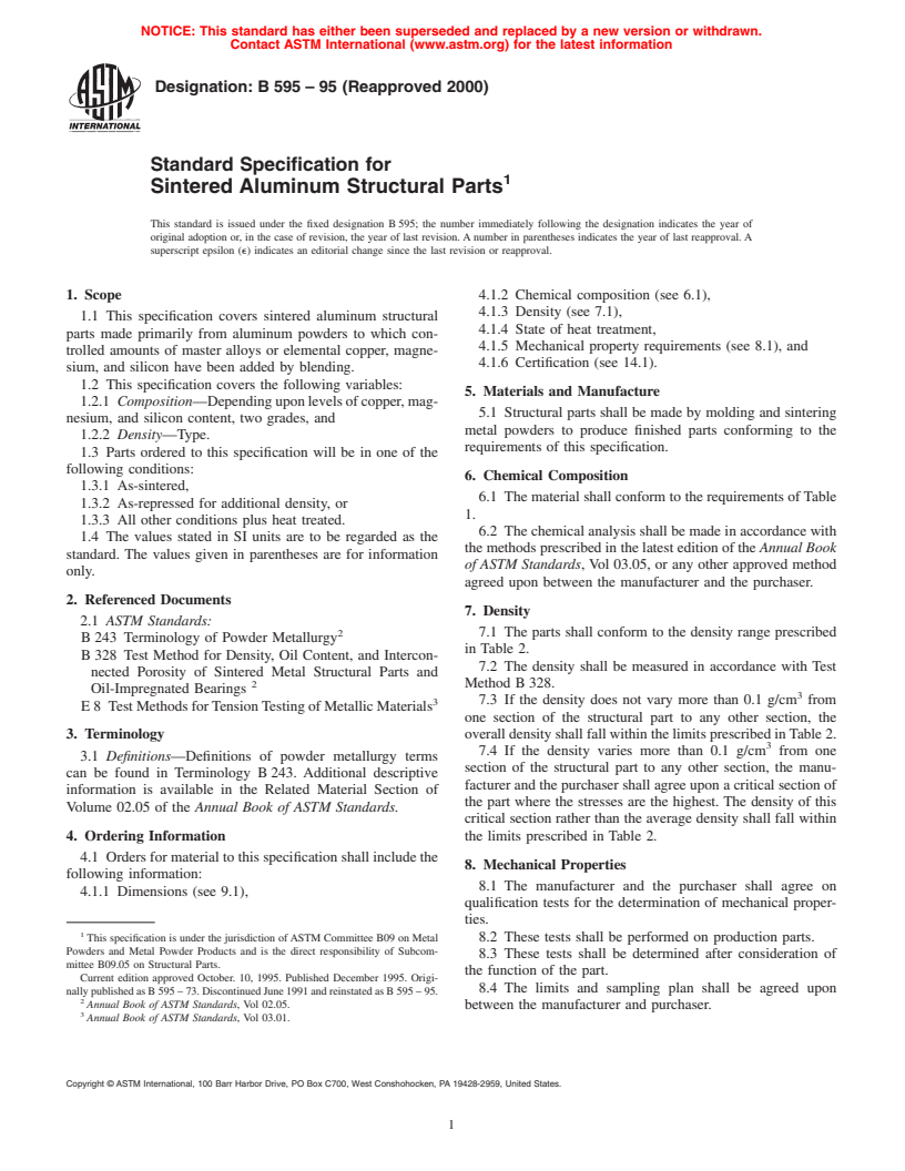 ASTM B595-95(2000) - Standard Specification for Sintered Aluminum Structural Parts