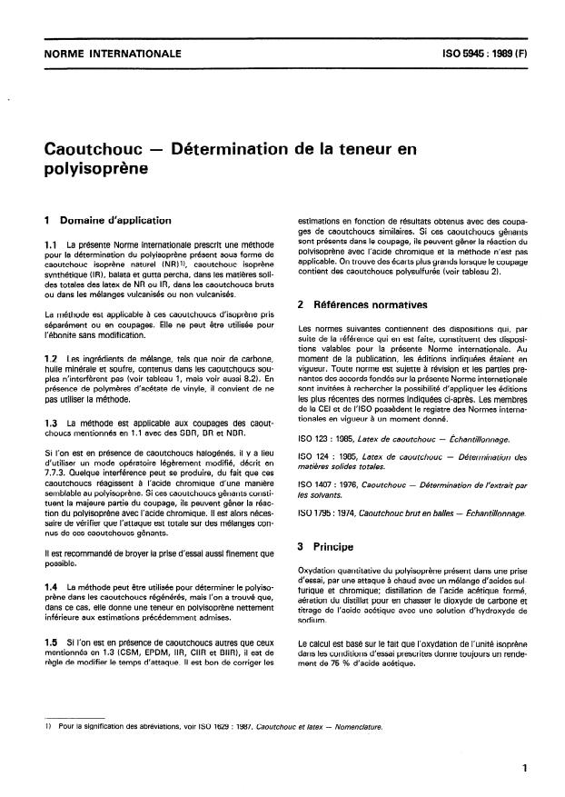 ISO 5945:1989 - Caoutchouc -- Détermination de la teneur en polyisoprene