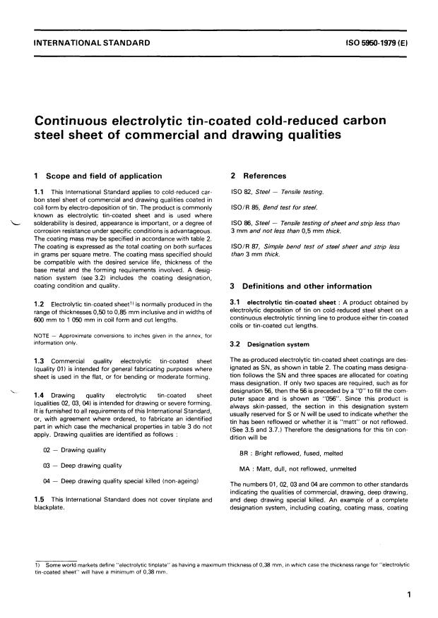 ISO 5950:1979 - Continuous electrolytic tin-coated cold-reduced carbon steel sheet of commercial and drawing qualities