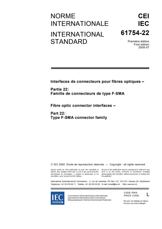 IEC 61754-22:2005 - Fibre optic connector interfaces - Part 22: Type F-SMA connector family