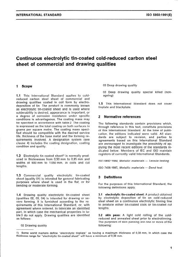 ISO 5950:1991 - Continuous electrolytic tin-coated cold-reduced carbon steel sheet of commercial and drawing qualities