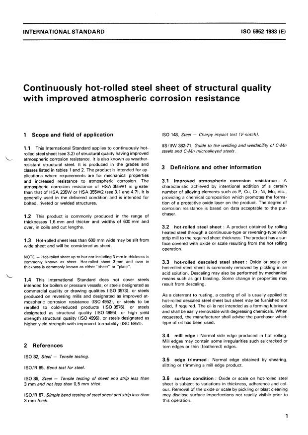 ISO 5952:1983 - Continuously hot-rolled steel sheet of structural quality with improved atmospheric corrosion resistance