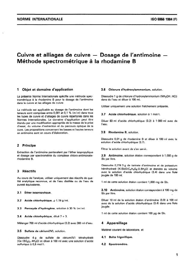 ISO 5956:1984 - Cuivre et alliages de cuivre -- Dosage de l'antimoine -- Méthode spectrométrique a la rhodamine B
