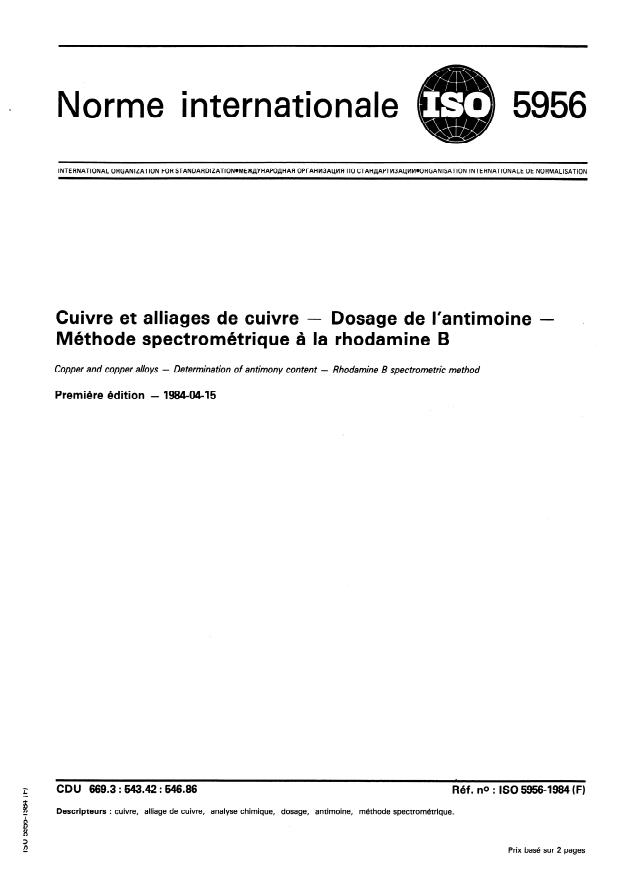 ISO 5956:1984 - Cuivre et alliages de cuivre -- Dosage de l'antimoine -- Méthode spectrométrique a la rhodamine B