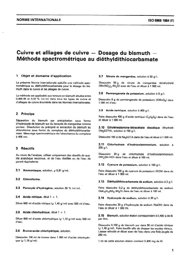 ISO 5959:1984 - Cuivre et alliages de cuivre -- Dosage du bismuth -- Méthode spectrométrique au diéthyldithiocarbamate
