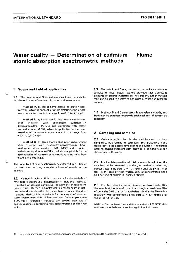 ISO 5961:1985 - Water quality -- Determination of cadmium -- Flame atomic absorption spectrometric methods