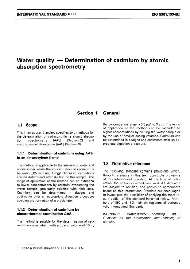 ISO 5961:1994 - Water quality -- Determination of cadmium by atomic absorption spectrometry