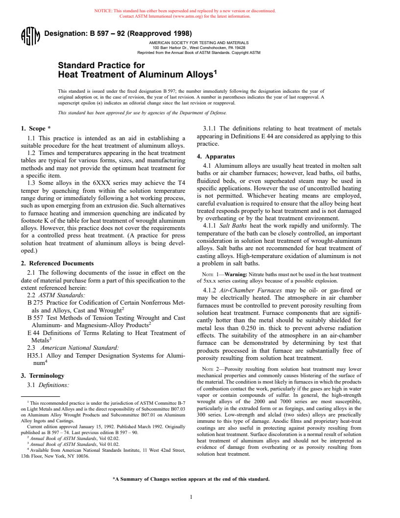 ASTM B597-92(1998) - Standard Practice For Heat Treatment Of Aluminum ...