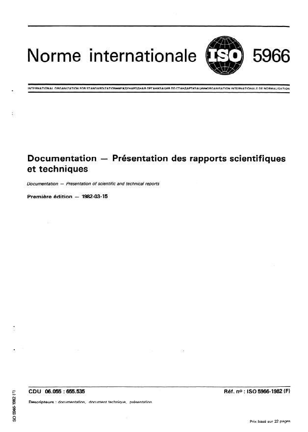 ISO 5966:1982 - Documentation -- Présentation des rapports scientifiques et techniques